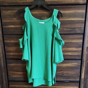 Umgee Emerald Green Cold-Shoulder Ruffle Blouse